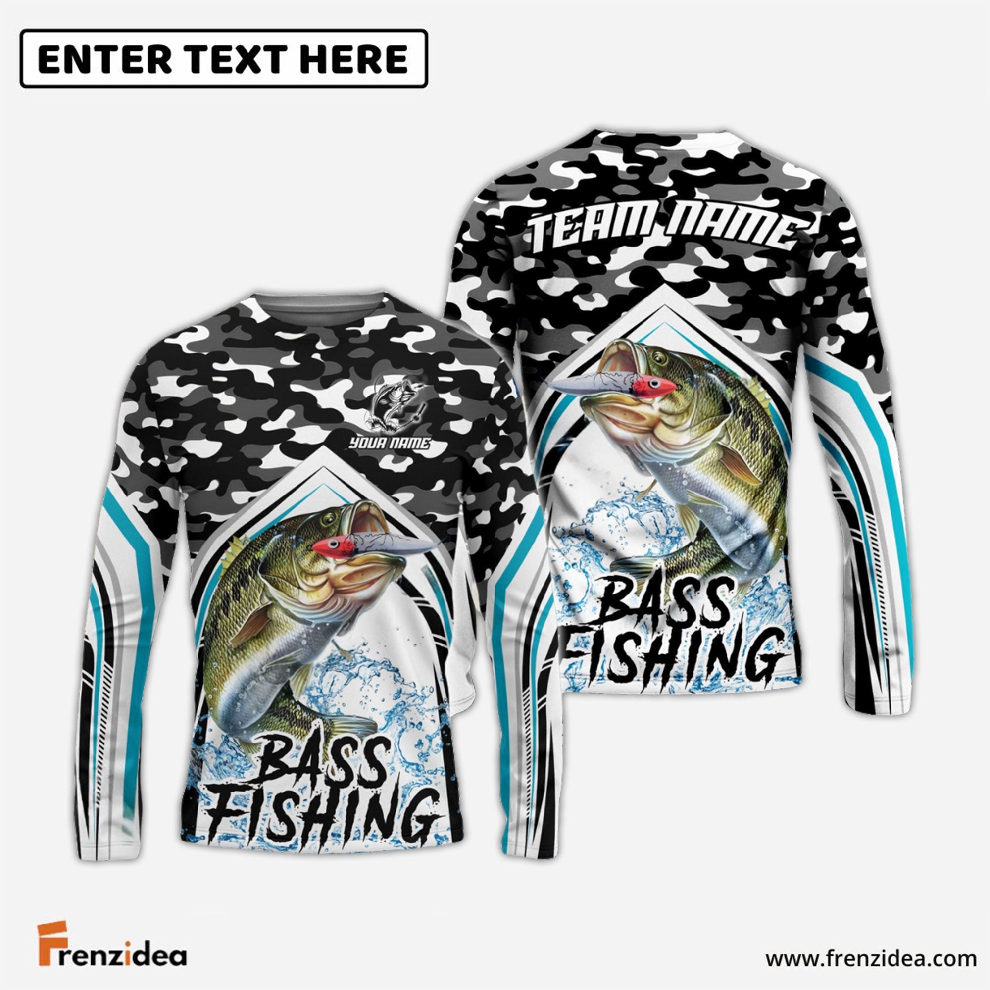 Frenzidea Bass Fishing Black Camo Sport Custom Name & Team Name 3D Shirts