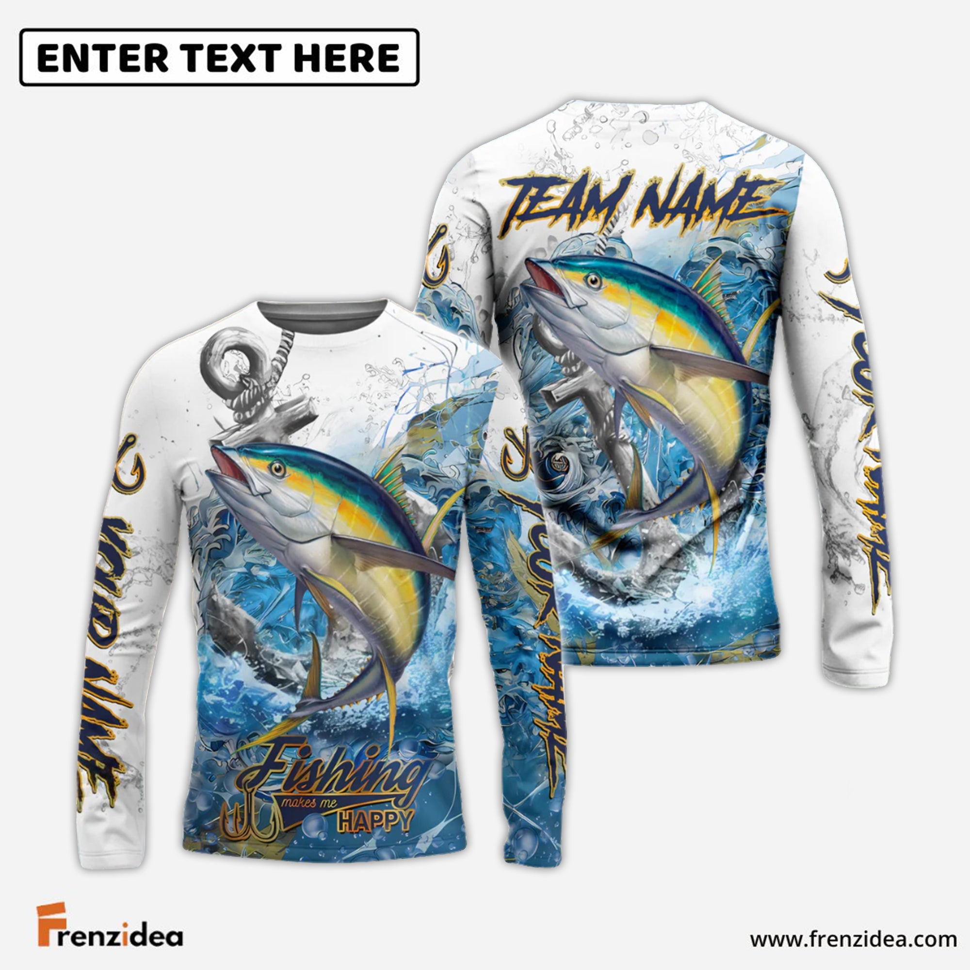 Frenzidea Tuna Fishing Anchor Ocean Splash Design Name & Team Name 3D Shirts