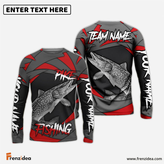 Frenzidea Pike Fishing Red Gray Spinning Pattern Custom Name & Team Name 3D Shirts