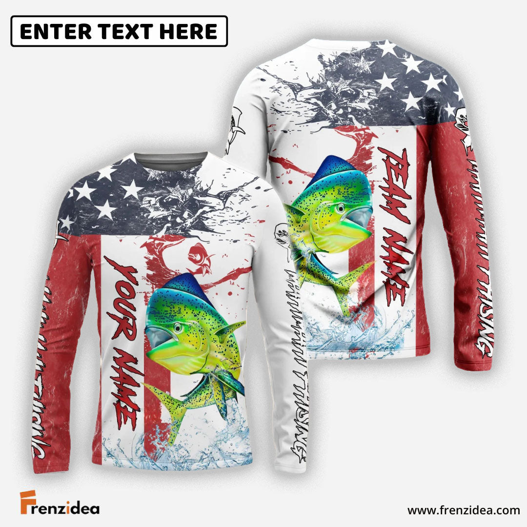 Frenzidea Mahi mahi Fishing American Flag Red Blue Seawave Custom Name & Team Name 3D Shirts