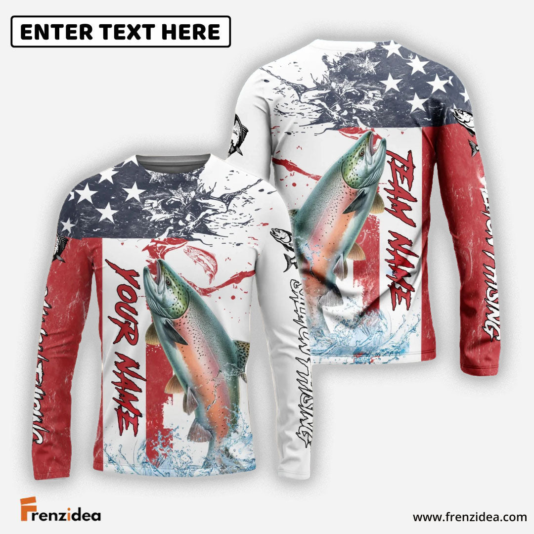 Frenzidea Salmon Fishing American Flag Red Blue Seawave Custom Name & Team Name 3D Shirts