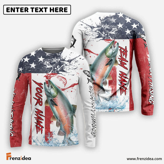 Frenzidea Salmon Fishing American Flag Red Blue Seawave Custom Name & Team Name 3D Shirts
