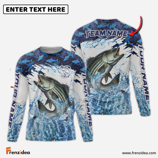 Frenzidea Striped Bass Fishing Blue Camo Clear Water Custom Name & Team Name 3D Shirts