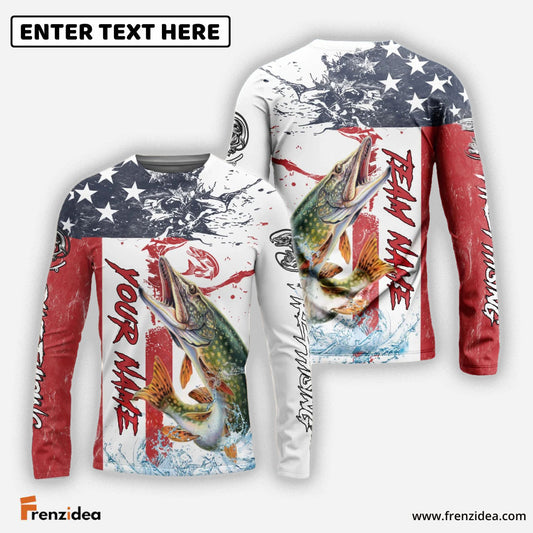 Frenzidea Pike Fishing American Flag Red Blue Seawave Custom Name & Team Name 3D Shirts