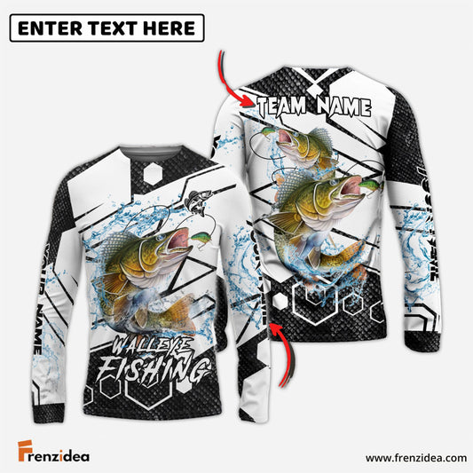 Frenzidea Walleye Fishing White Gray Black Hexagon Sport Custom Name & Team Name 3D Shirts