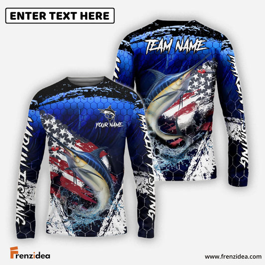 Frenzidea Marlin Fishing Dark Blue Scratch American Flag scratch Sport Custom Name & Team Name 3D Shirts