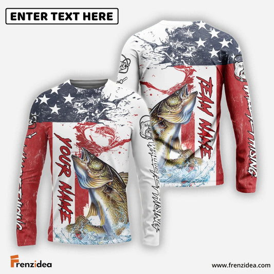 Frenzidea Walleye Fishing American Flag Red Blue Seawave Custom Name & Team Name 3D Shirts