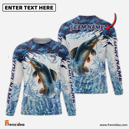 Frenzidea Catfish Fishing Blue Camo Clear Water Custom Name & Team Name 3D Shirts