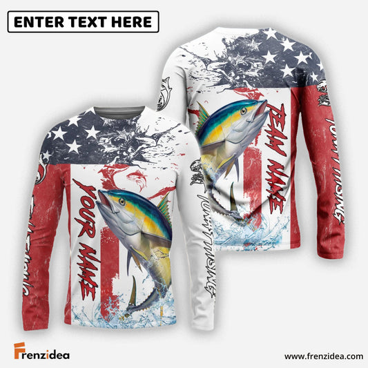 Frenzidea Tuna Fishing American Flag Red Blue Seawave Custom Name & Team Name 3D Shirts