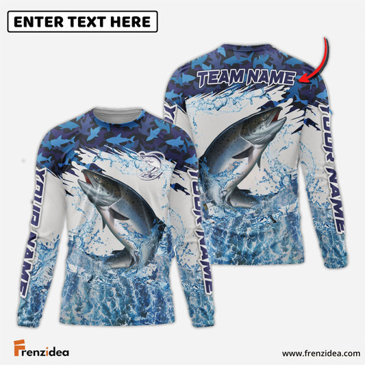 Frenzidea Salmon Fishing Blue Camo Clear Water Custom Name & Team Name 3D Shirts