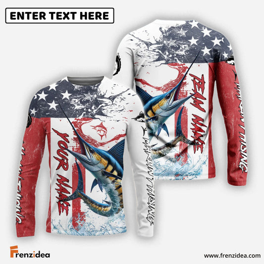 Frenzidea Marlin Fishing American Flag Red Blue Seawave Custom Name & Team Name 3D Shirts