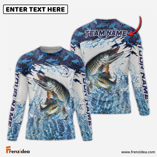 Frenzidea Musky Fishing Blue Camo Clear Water Custom Name & Team Name 3D Shirts