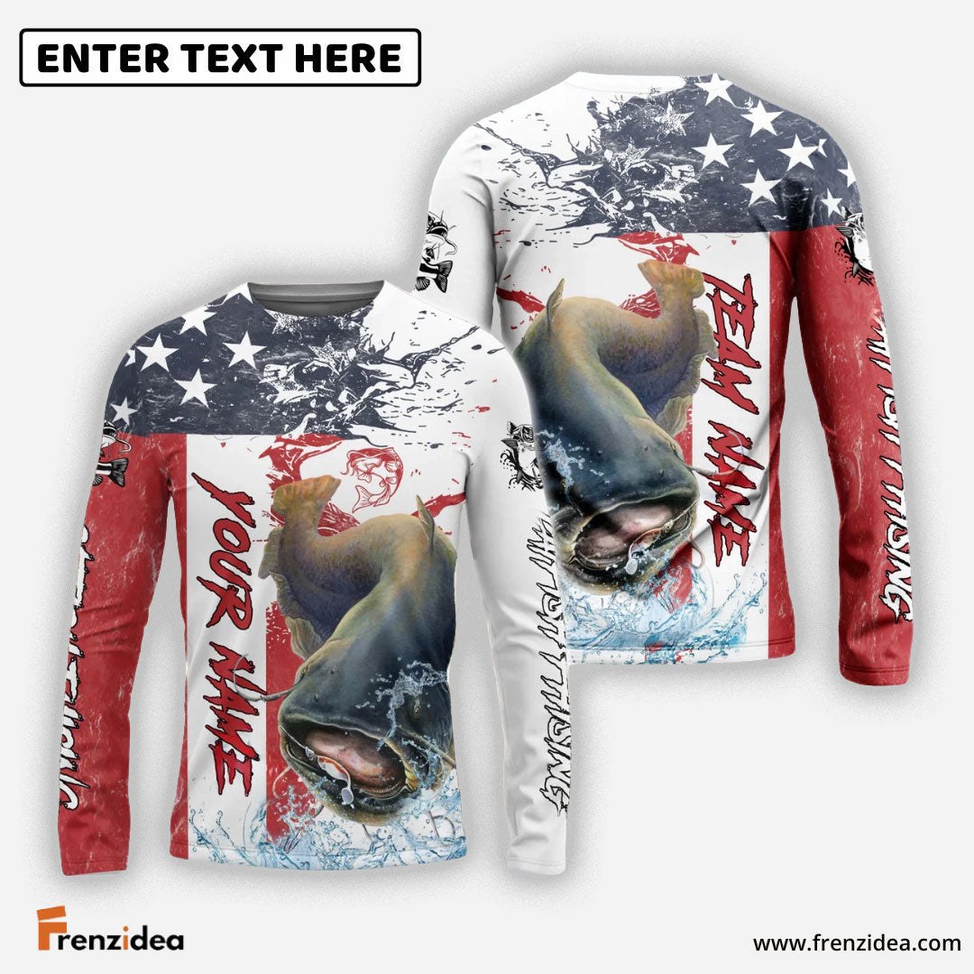 Frenzidea Catfish Fishing American Flag Red Blue Seawave Custom Name & Team Name 3D Shirts