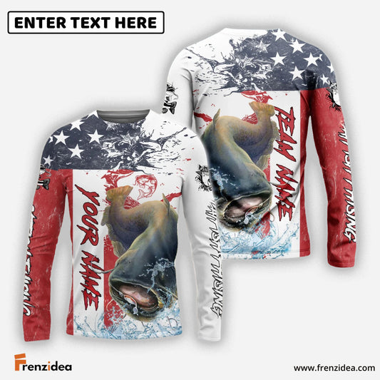 Frenzidea Catfish Fishing American Flag Red Blue Seawave Custom Name & Team Name 3D Shirts
