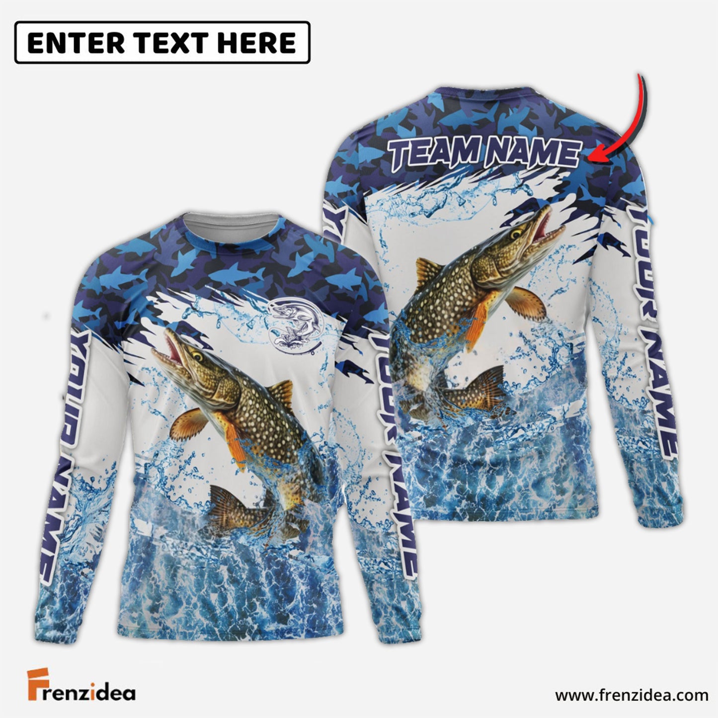 Frenzidea Pike Fishing Blue Camo Clear Water Custom Name & Team Name 3D Shirts