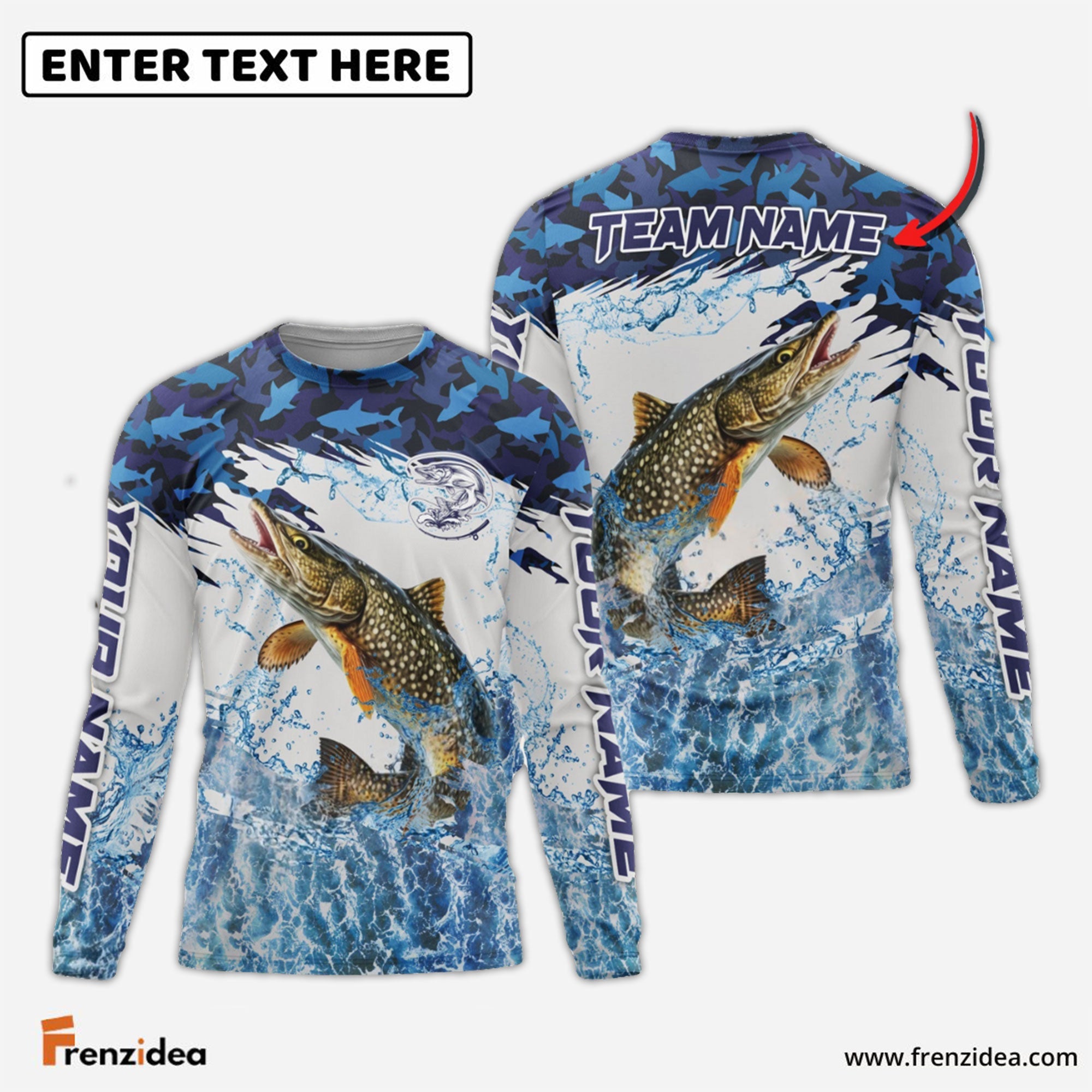 Frenzidea Pike Fishing Blue Camo Clear Water Custom Name & Team Name 3D Shirts