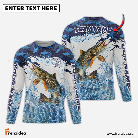 Frenzidea Pike Fishing Blue Camo Clear Water Custom Name & Team Name 3D Shirts