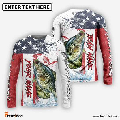 Frenzidea Crappie Fishing American Flag Red Blue Seawave Custom Name & Team Name 3D Shirts