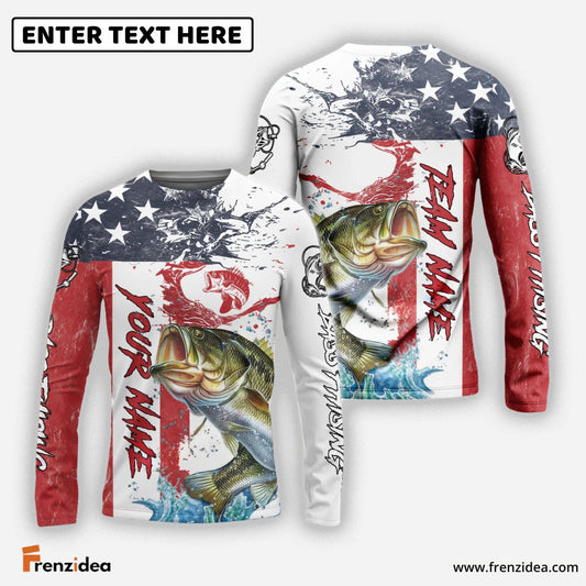 Frenzidea Bass Fishing American Flag Red Blue Seawave Custom Name & Team Name 3D Shirts