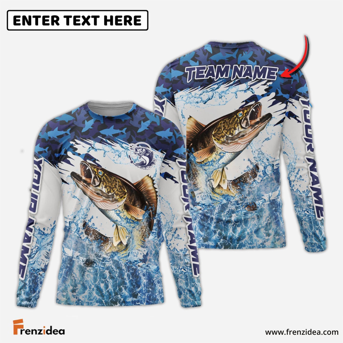 Frenzidea Walleye Fishing Blue Camo Clear Water Custom Name & Team Name 3D Shirts