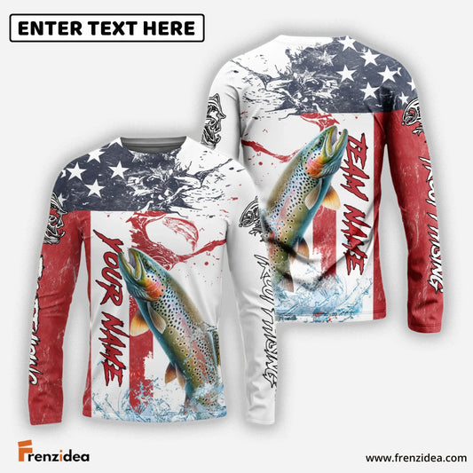 Frenzidea Trout Fishing American Flag Red Blue Seawave Custom Name & Team Name 3D Shirts
