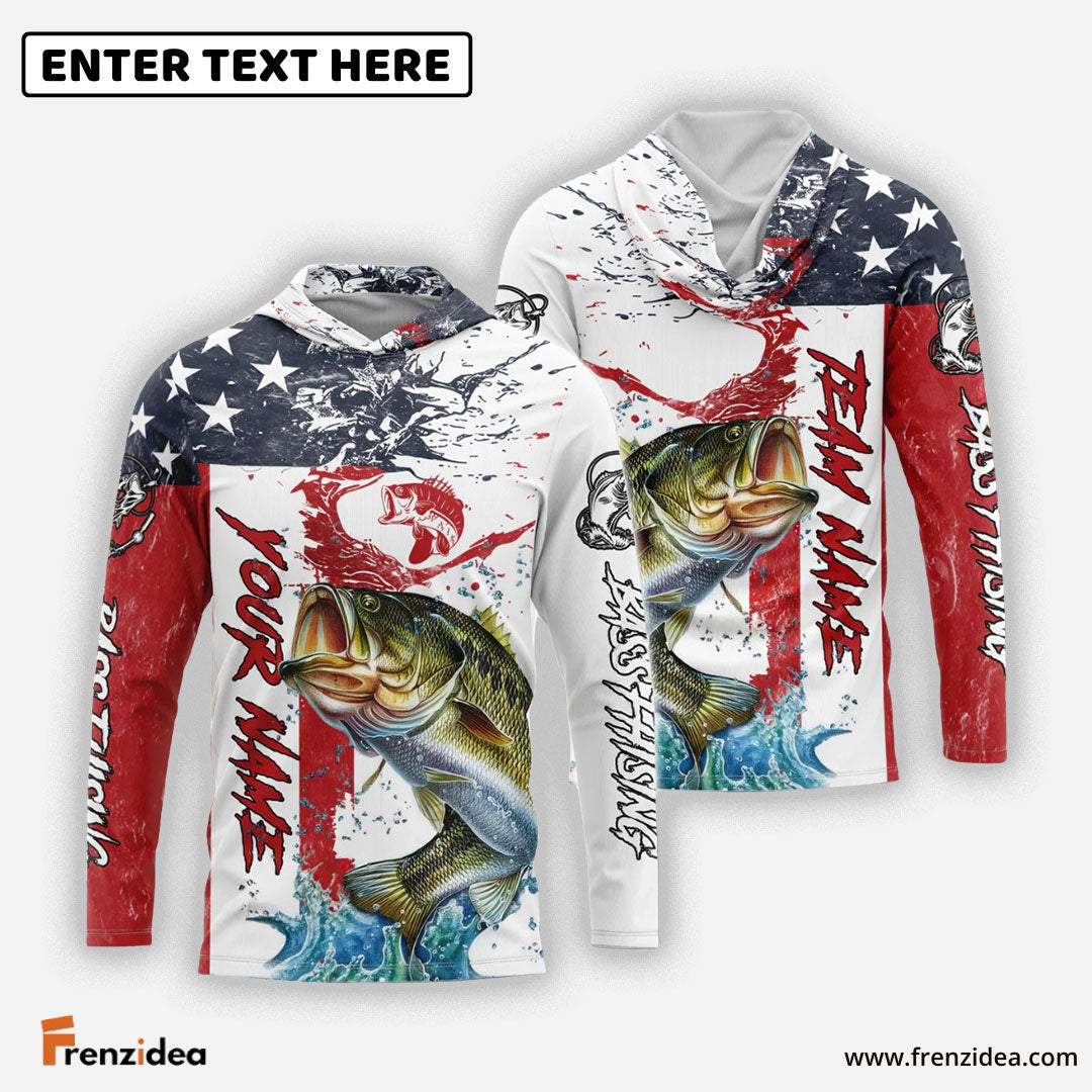 Frenzidea Bass Fishing American Flag Red Blue Seawave Custom Name & Team Name 3D Shirts