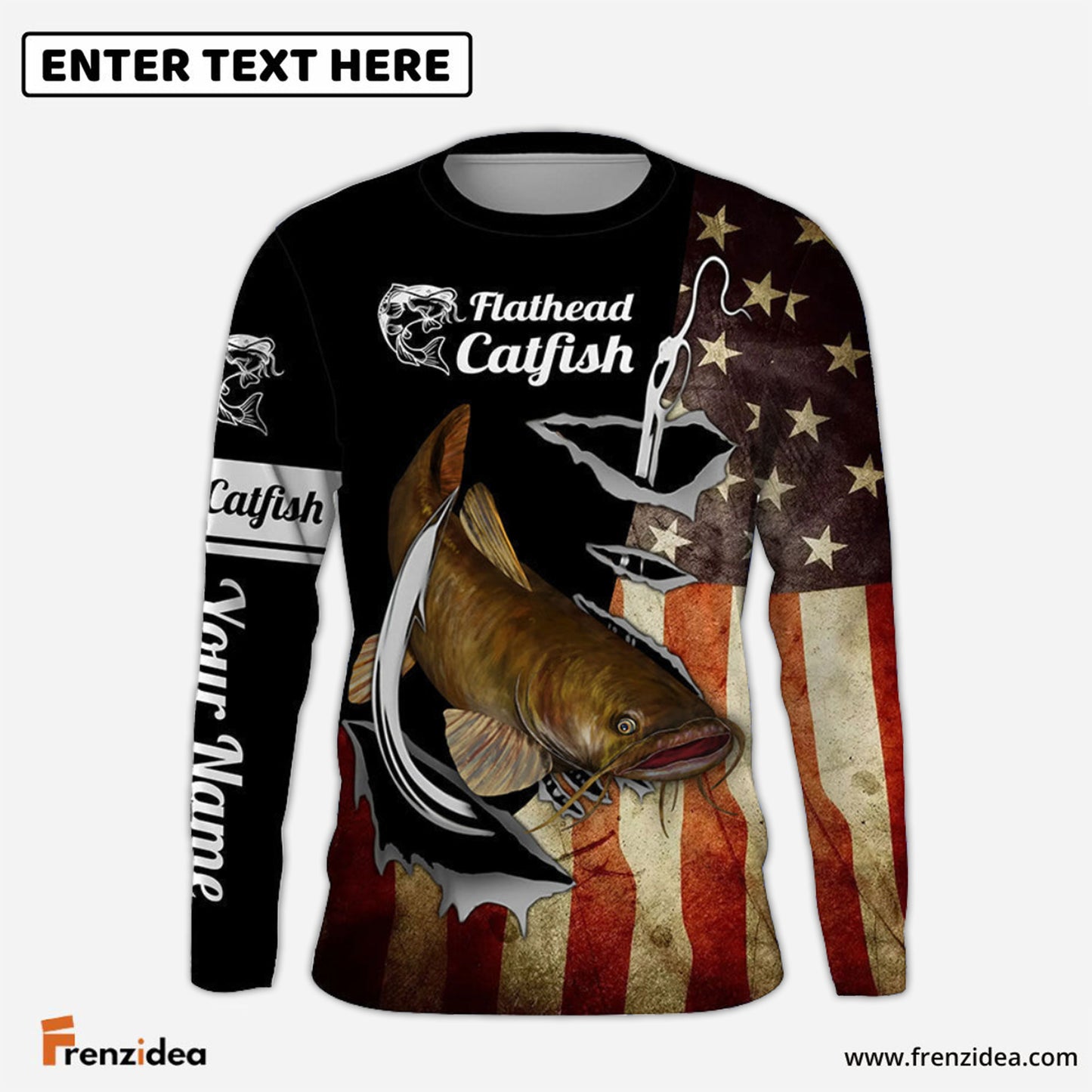 Frenzidea Flathead Catfish Fishing Fish Hook American Flag Custom Name 3D Shirts