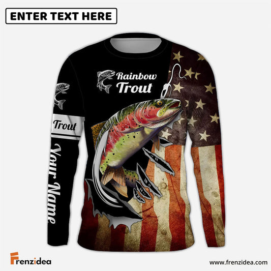 Frenzidea Rainbow Trout Fishing Fish Hook American Flag Patriot Custom Name 3D Shirts