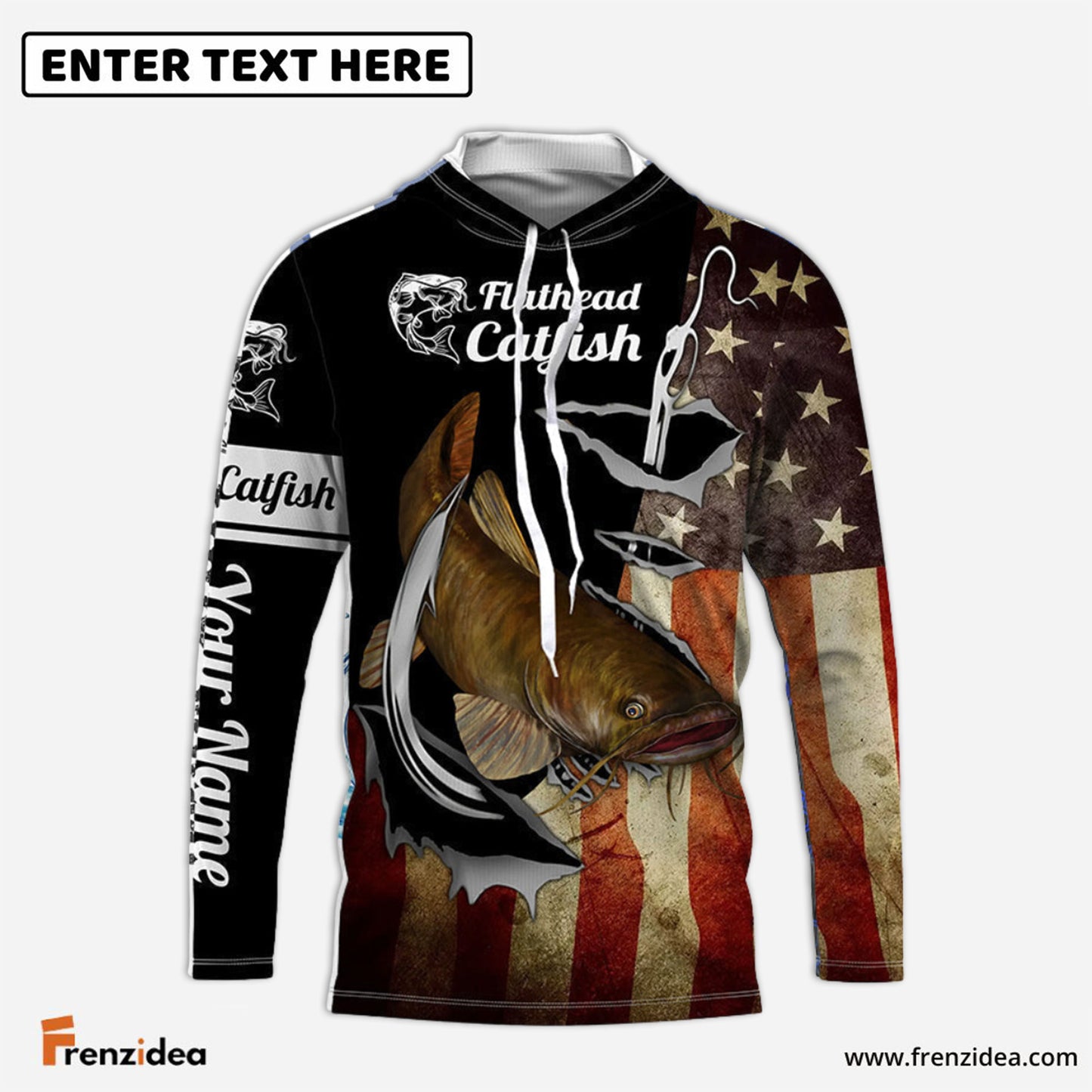 Frenzidea Flathead Catfish Fishing Fish Hook American Flag Custom Name 3D Shirts