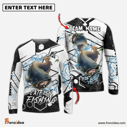 Frenzidea Catfish Fishing White Gray Black Hexagon Sport Custom Name & Team Name 3D Shirts