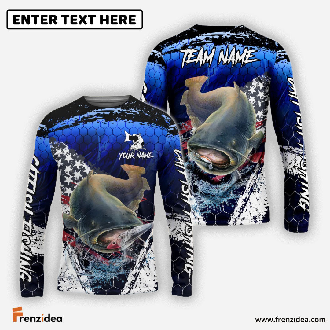 Frenzidea Catfish Fishing Dark Blue Scratch American Flag scratch Sport Custom Name & Team Name 3D Shirts