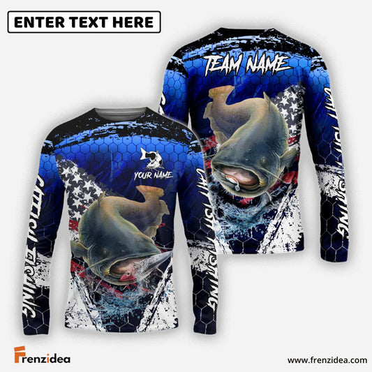 Frenzidea Catfish Fishing Dark Blue Scratch American Flag scratch Sport Custom Name & Team Name 3D Shirts