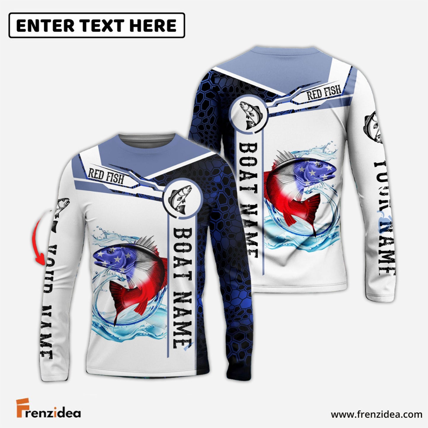 Frenzidea Redfish Fishing Blue Camo American Flag Custom Name & Boat Name 3D Shirts