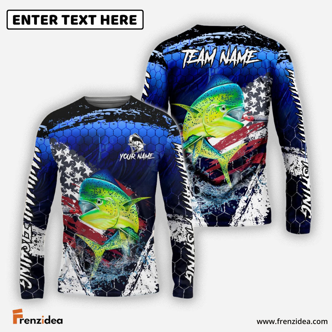 Frenzidea Mahi Mahi Fishing Dark Blue Scratch American Flag scratch Sport Custom Name & Team Name 3D Shirts