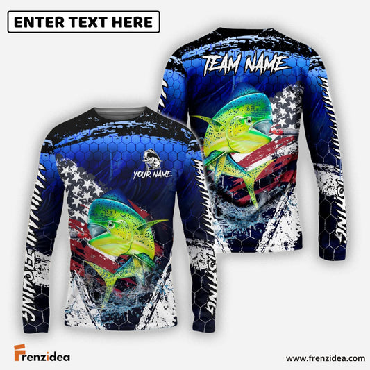 Frenzidea Mahi Mahi Fishing Dark Blue Scratch American Flag scratch Sport Custom Name & Team Name 3D Shirts