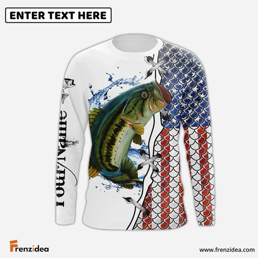 Frenzidea American Flag Largemouth Bass Patriotic Fishing Customize Name 3D Shirts