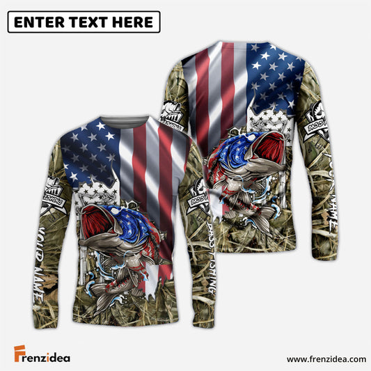 Frenzidea American Flag Patriotic Largemouth Bass Camo Fishing Custom Name 3D Shirts