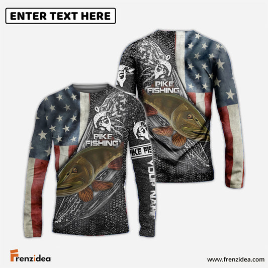 Frenzidea Northern Pike Fishing American Flag Custome Name 3D Shirts