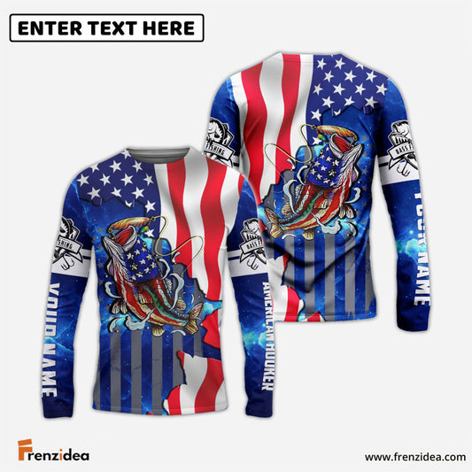 Frenzidea Bass Fishing American Flag Patriotic Custom Name 3D Shirts