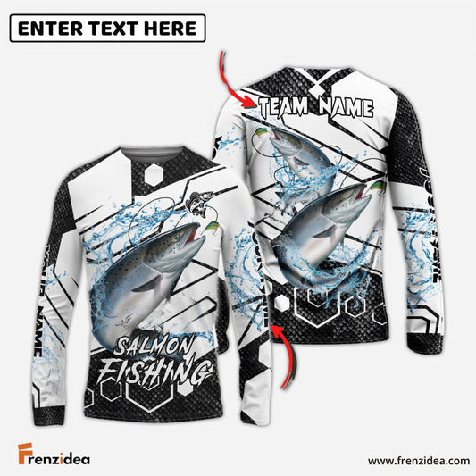 Frenzidea Salmon Fishing White Gray Black Hexagon Sport Custom Name & Team Name 3D Shirts