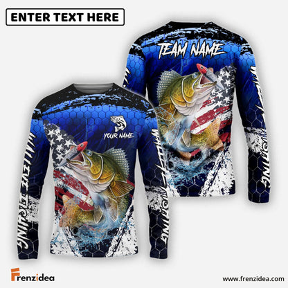 Frenzidea Walleye Fishing Dark Blue Scratch American Flag scratch Sport Custom Name & Team Name 3D Shirts