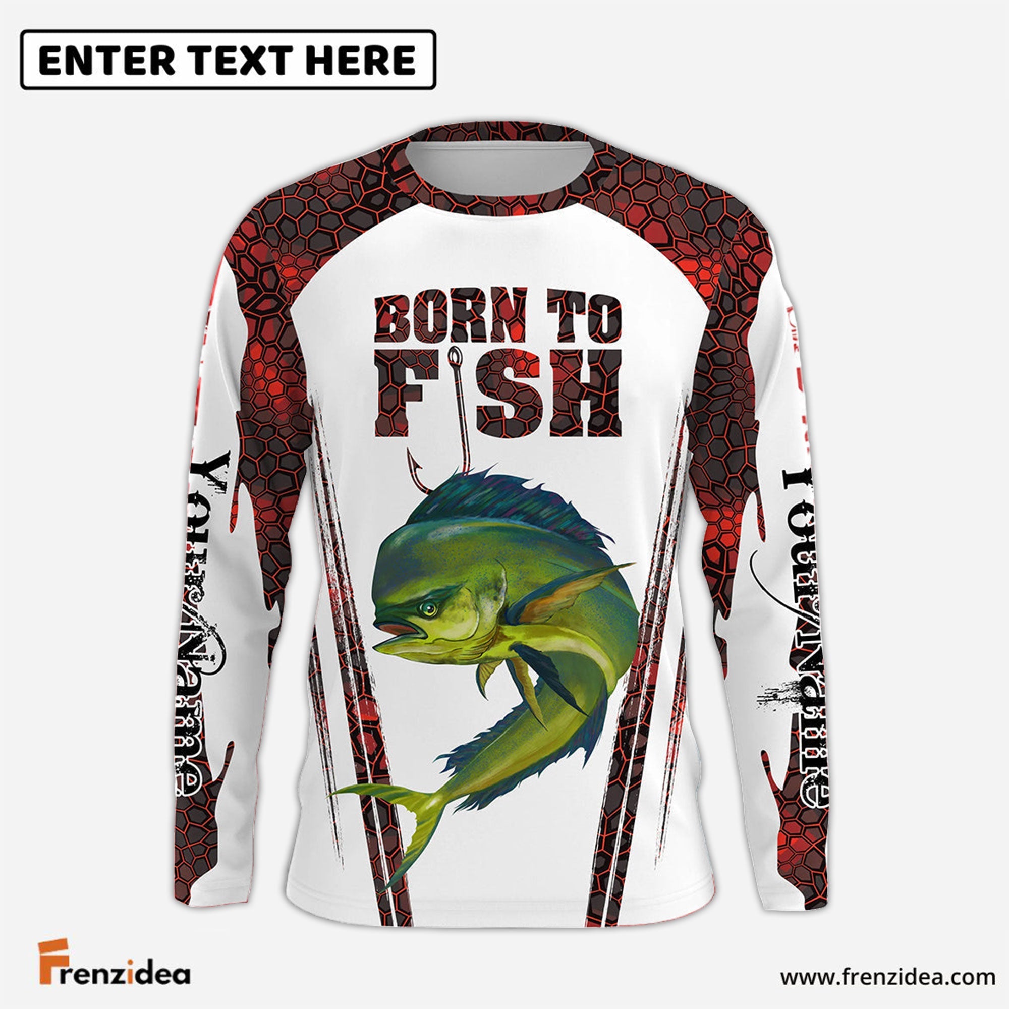 Frenzidea "Born To Fish" Mahi Mahi Fishing Red Camo Custom Name   Long Sleeve Fishing Shirts