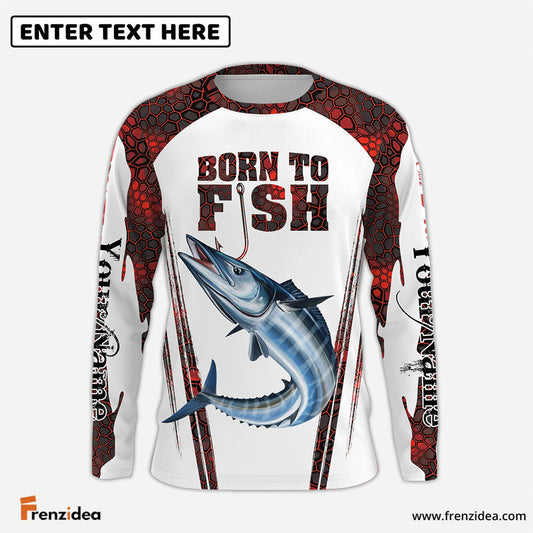 Frenzidea "Born To Fish" Wahoo Fishing Red Camo Custom Name   Long Sleeve Fishing Shirts