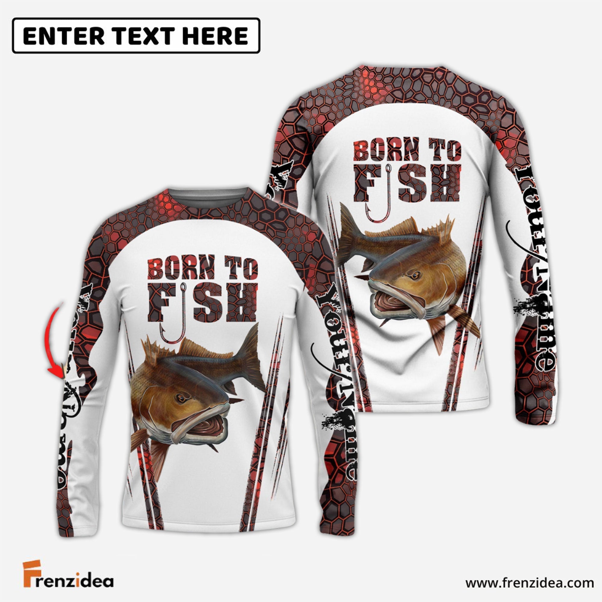 Frenzidea "Born To Fish" Redfish Fishing Red Camo Custom Name   Long Sleeve Fishing Shirts