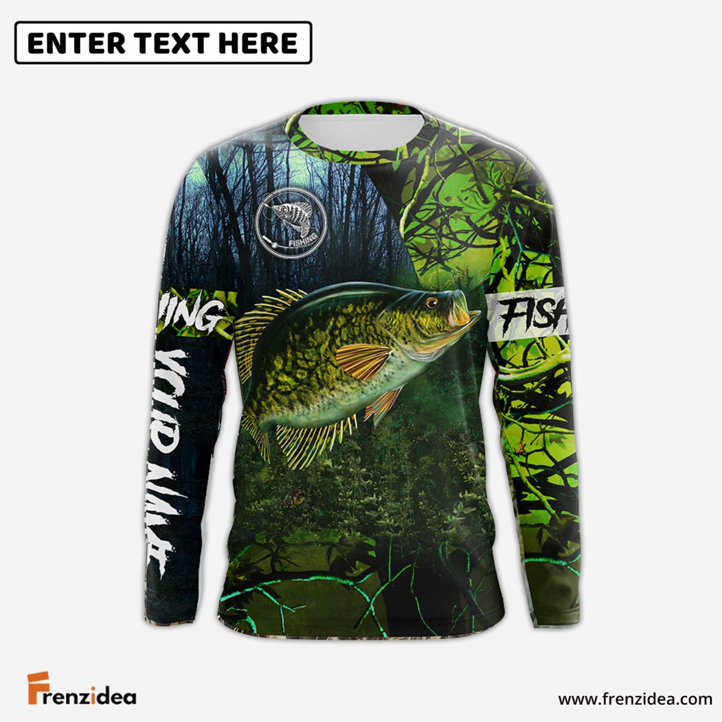Frenzidea Crappie Fishing Green Camo Custom Name Performance Long Sleeve   Fishing Shirts