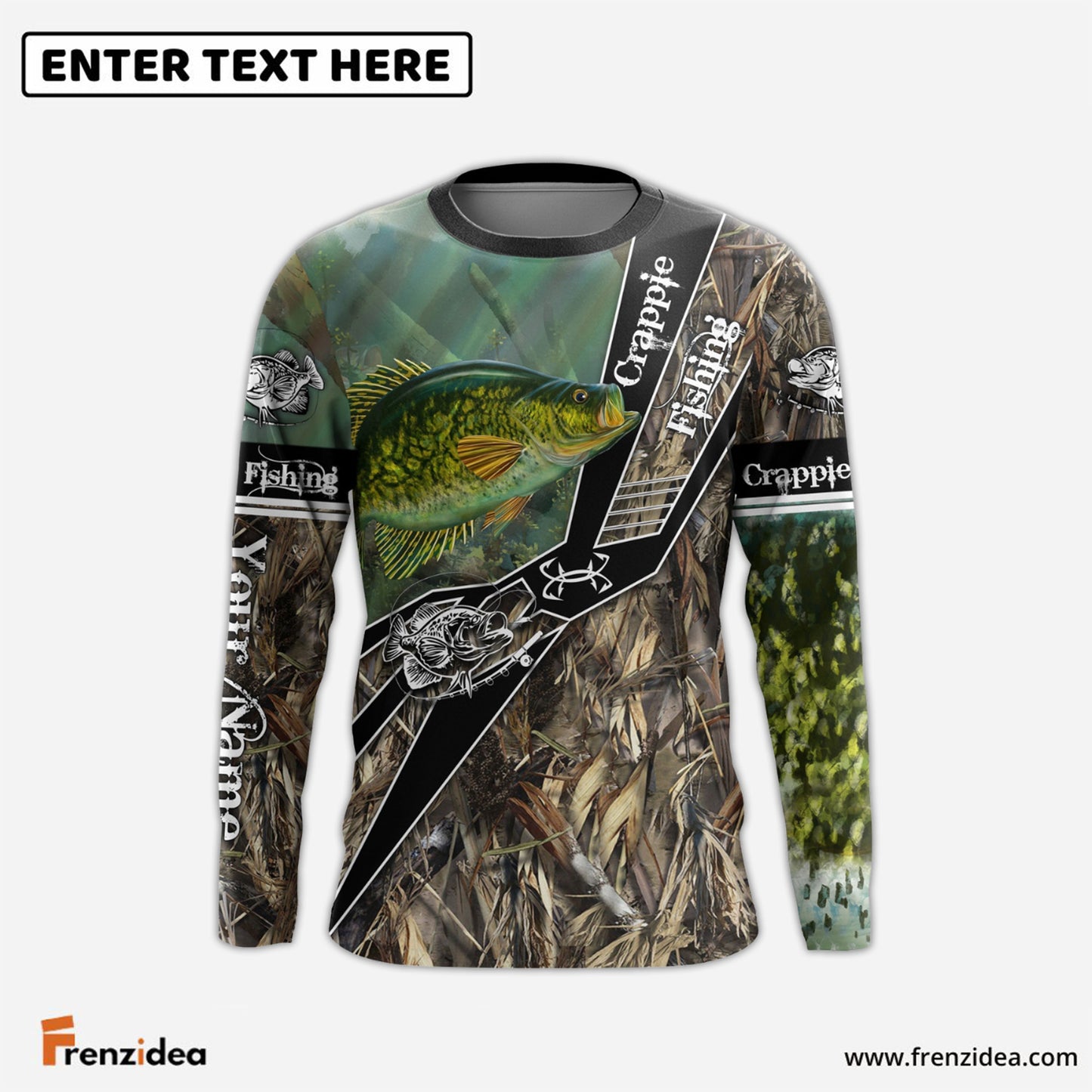 Frenzidea Crappie Fishing Camo Freshwater Fish   Customize Name Long Sleeves Fishing Shirts
