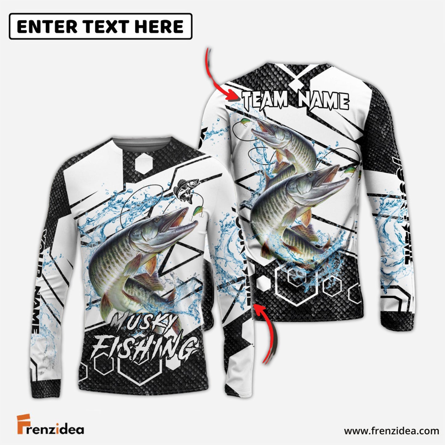 Frenzidea Musky Fishing White Gray Black Hexagon Sport Custom Name & Team Name 3D Shirts