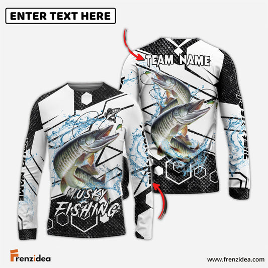Frenzidea Musky Fishing White Gray Black Hexagon Sport Custom Name & Team Name 3D Shirts