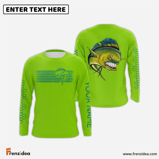 Frenzidea Lime Green Mahi Mahi Fishing Custom Performance Long Sleeve Fishing Shirts