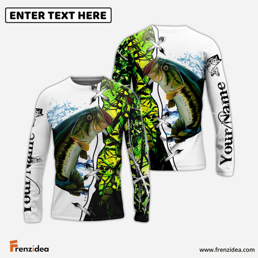 Frenzidea Largemouth Bass Fishing Green Camouflage Custom Name Performance Long Sleeve Fishing Shirts